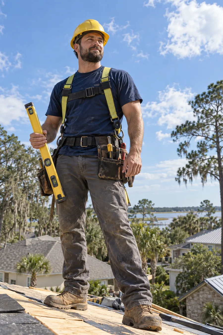 Roofer in a hard hat and work shirt standing in front of a Jacksonville home