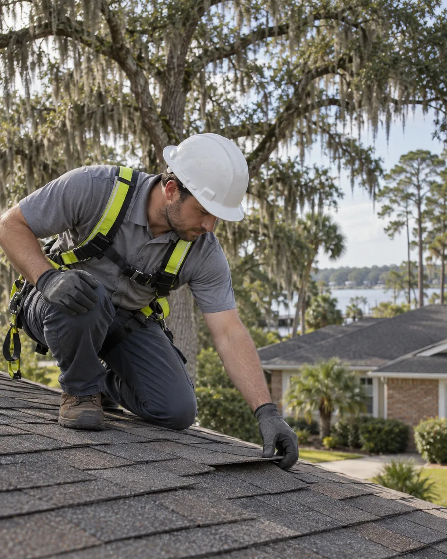 Roofer inspecting shingles on a Jacksonville home