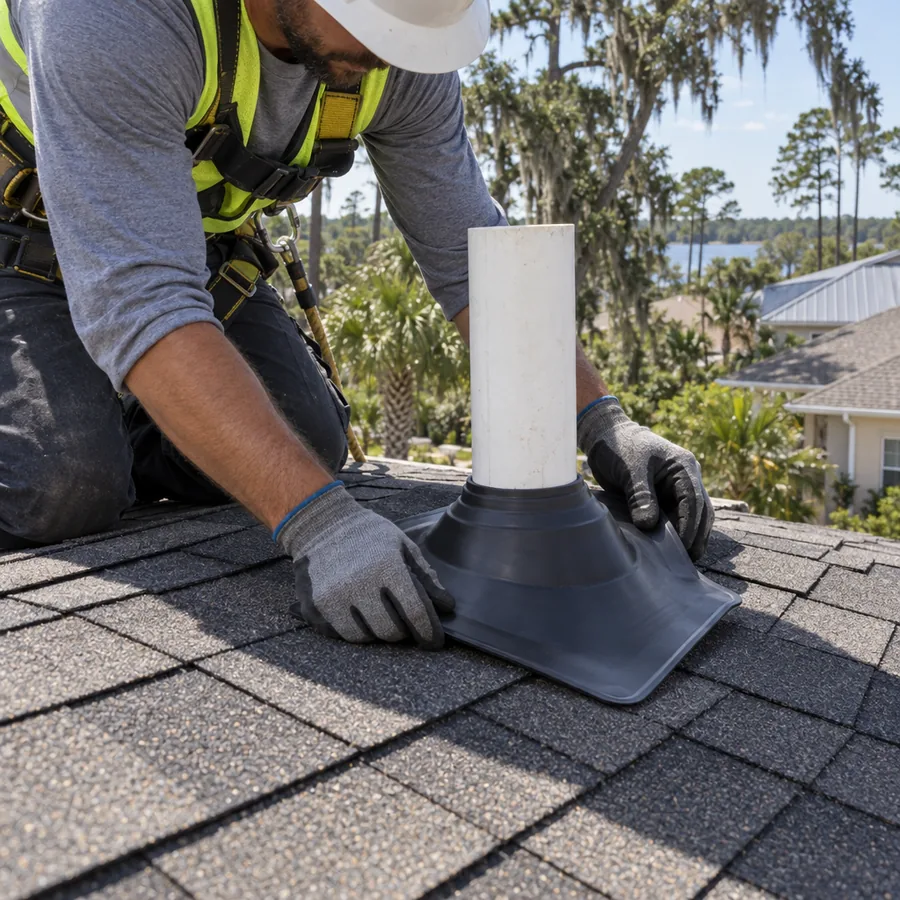 Roofer replacing a cracked pipe boot flashing on an asphalt shingle roof
