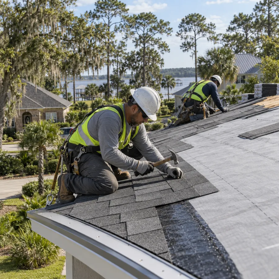 New architectural shingles being nailed over peel-and-stick underlayment