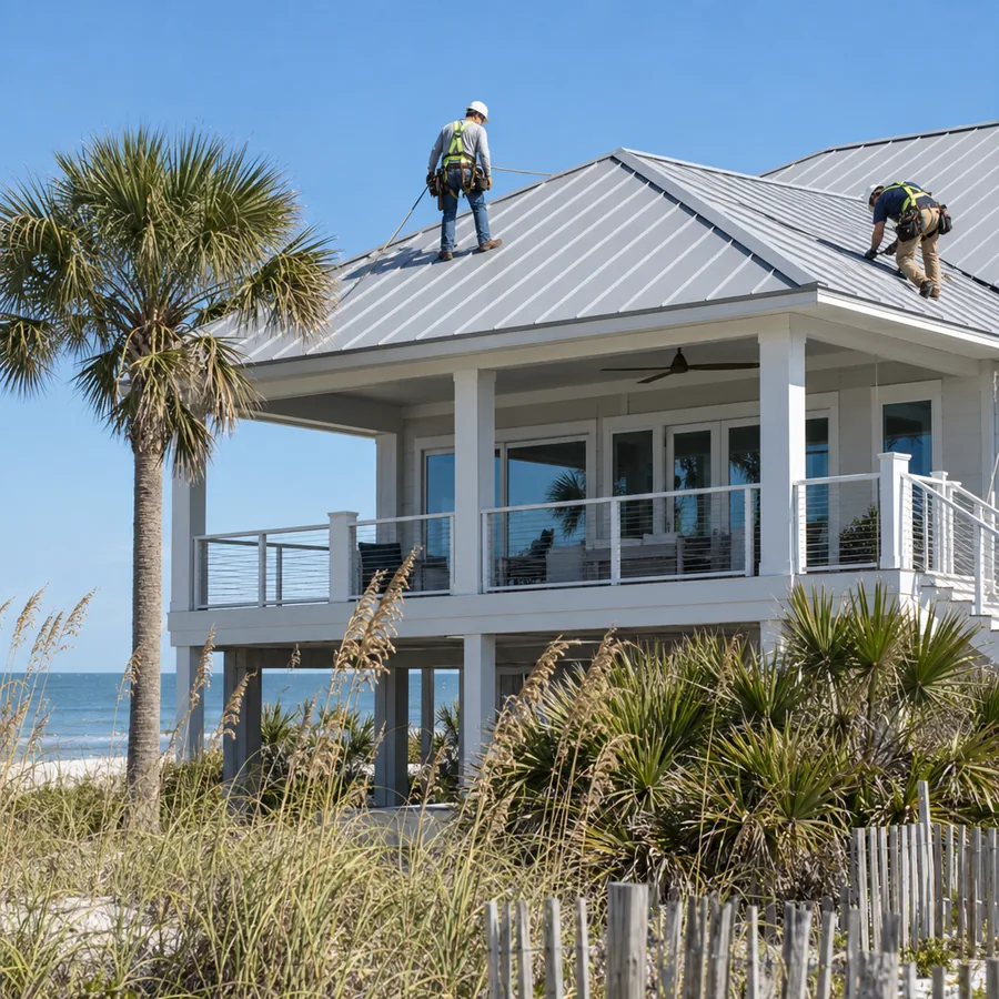 Standing seam metal roof panels on a coastal Florida home