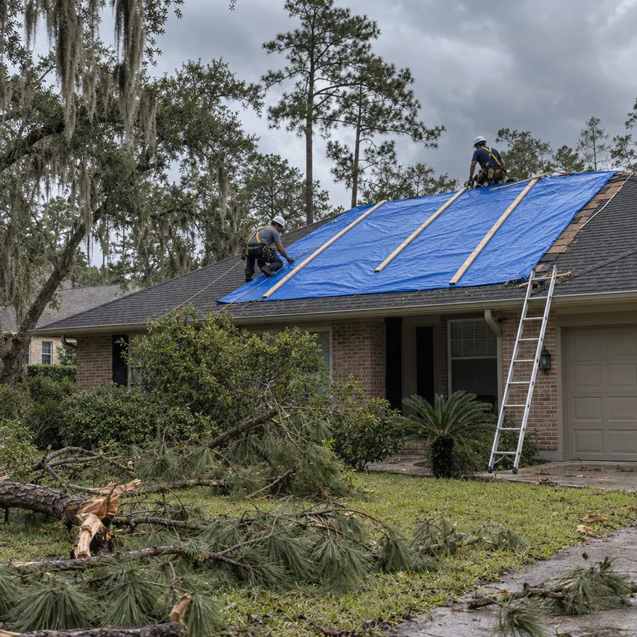 Blue tarp secured over storm-damaged shingles before repair