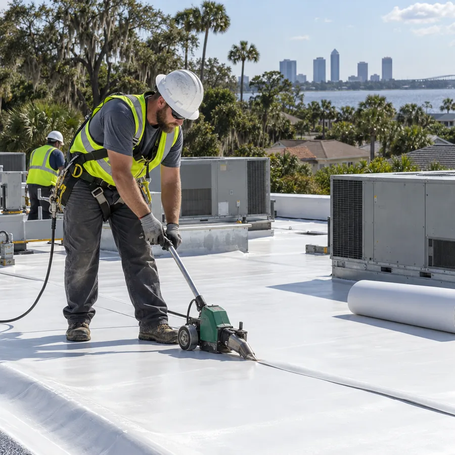 White TPO membrane being welded on a commercial flat roof