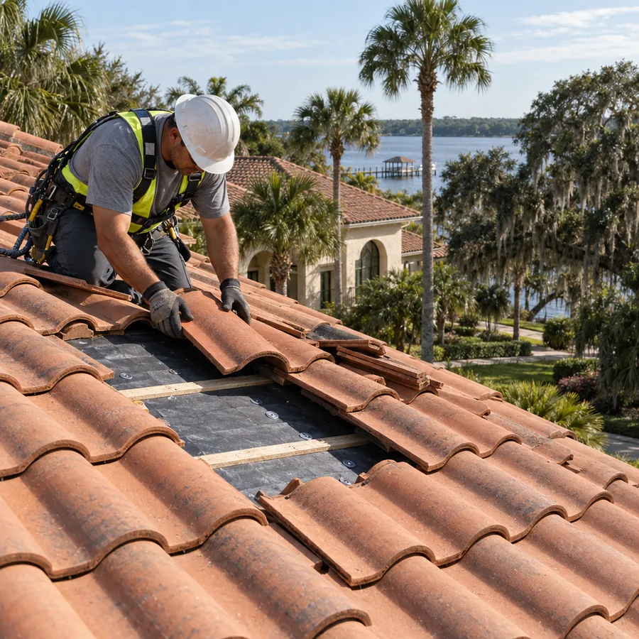 Clay tile roof with a lifted section showing the underlayment
