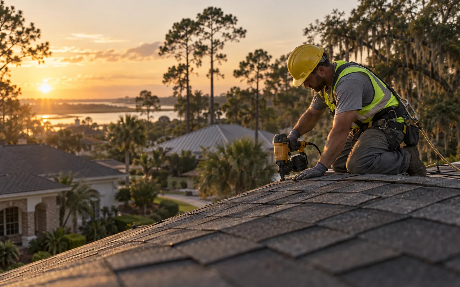 Roofer in a hard hat fastening architectural shingles on a Jacksonville home